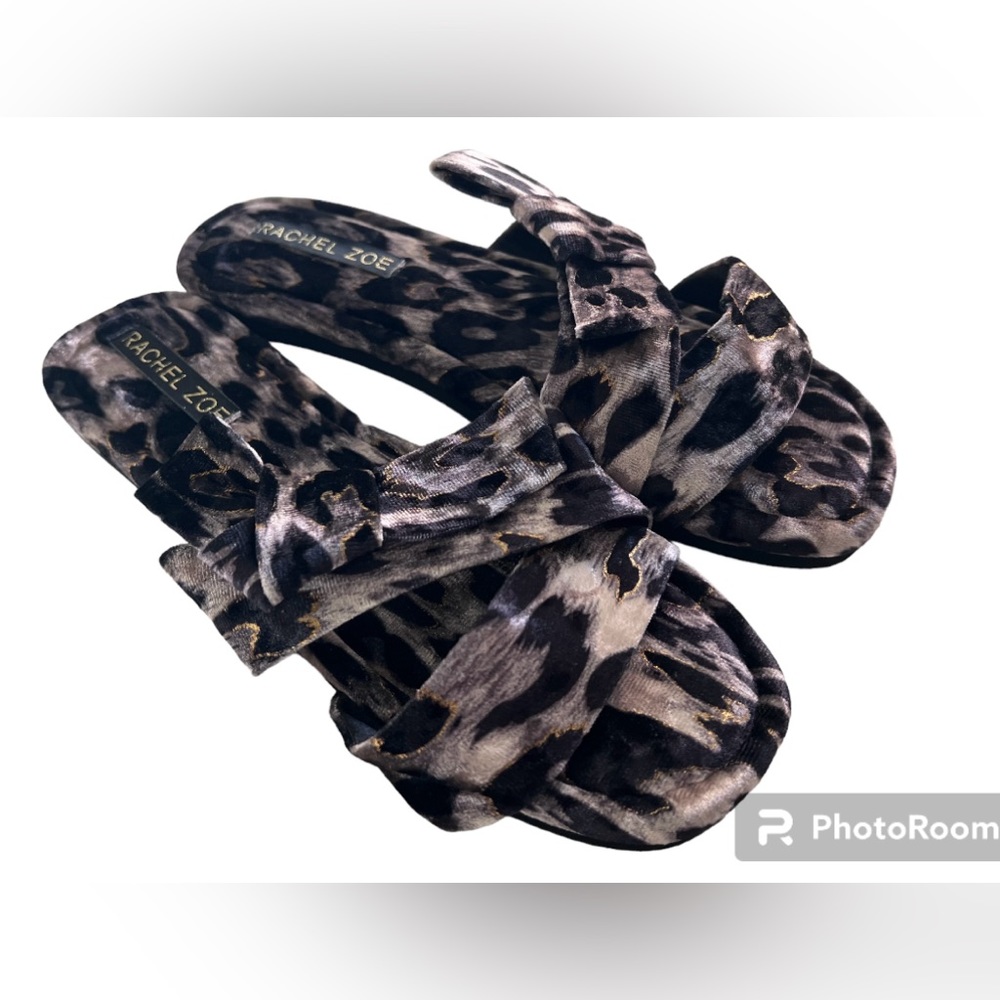 RACHEL ZOE Leopard Velour slides rubber sole side bow grey & black SZ 8 - Picture 5 of 6